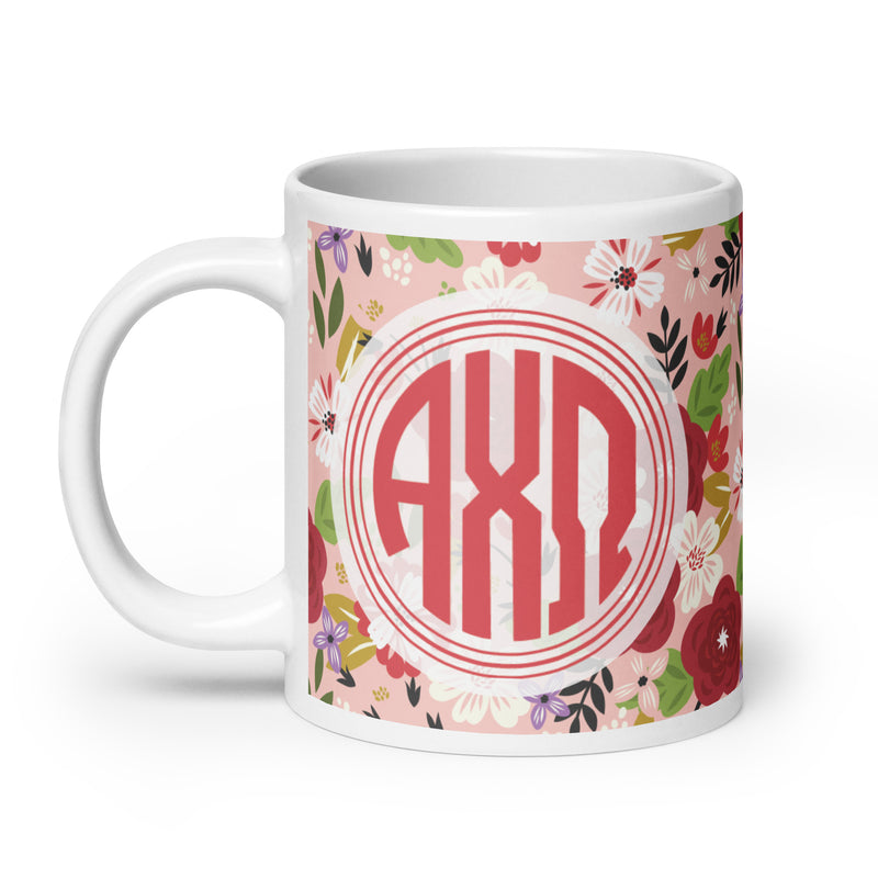 Alpha Chi Omega Modern Floral Monogramed Pink Mug in extra large size