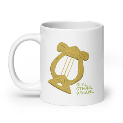 Alpha Chi Omega Lyre Real. Strong. Women. White Mug in 20 oz size with handle on left