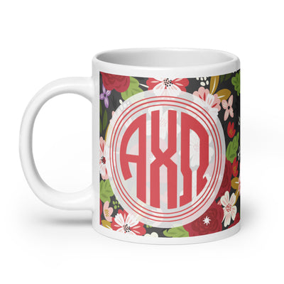 Alpha Chi Omega Modern Floral Monogram Ebony Mug in 20 oz size