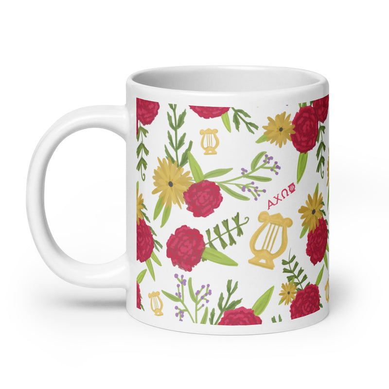 Alpha Chi Omega Carnation Floral Print Mug, White in 20 oz size