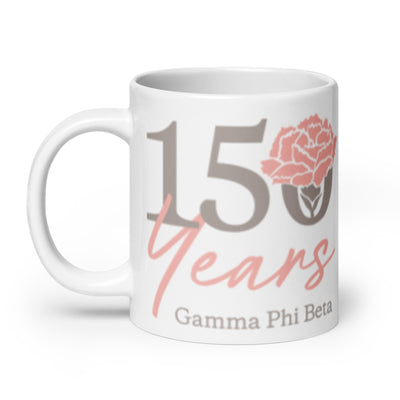 G Phi 150 Year Anniversary White Ceramic Mug in 20 oz size showing handle on left