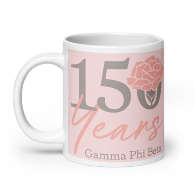 G Phi Light Pink 150th Anniversary Mug in 20 oz size with handle on left