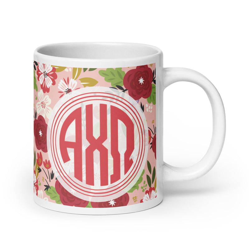 Alpha Chi Omega Modern Floral Monogramed Pink Mug in larger 20 size