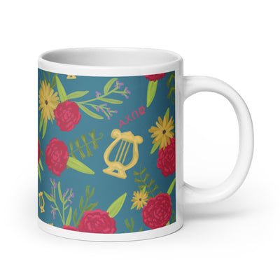 Alpha Chi Omega Floral Print Teal Glossy Mug in extra large 20 oz size