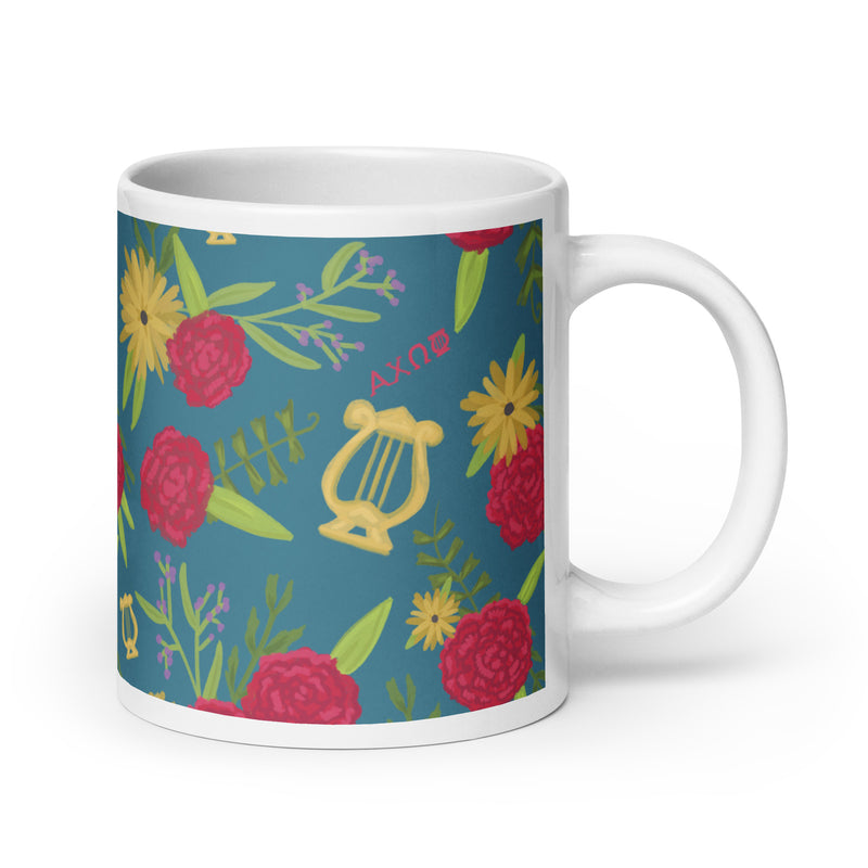 Alpha Chi Omega Floral Print Teal Glossy Mug in extra large 20 oz size