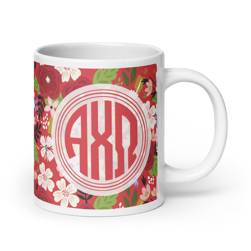 Alpha Chi Omega Modern Floral Monogram Scarlet Mug in 20 oz size