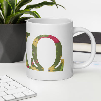 Alpha Chi Omega Greek Letters White Glossy Mug in 20 oz size in office setting