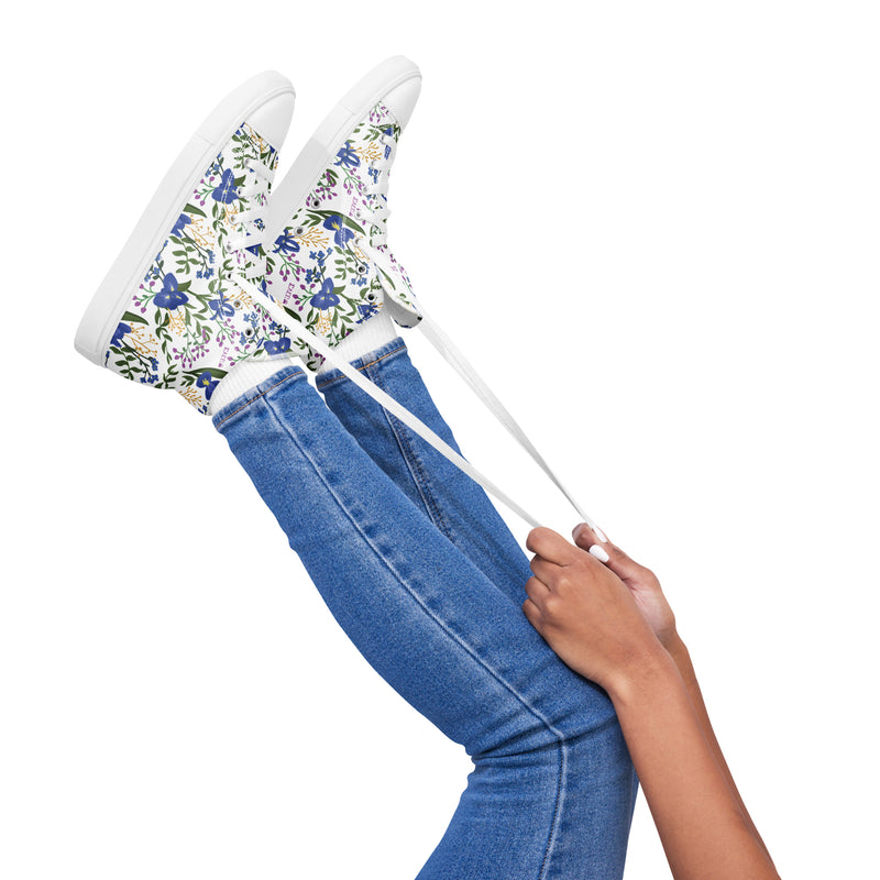 SAEII Blue Iris Floral Print White High Tops in playful pose
