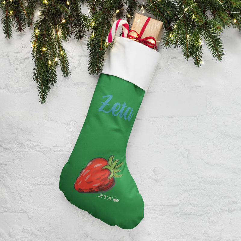 Zeta Strawberry Holiday Stocking with pine and lights