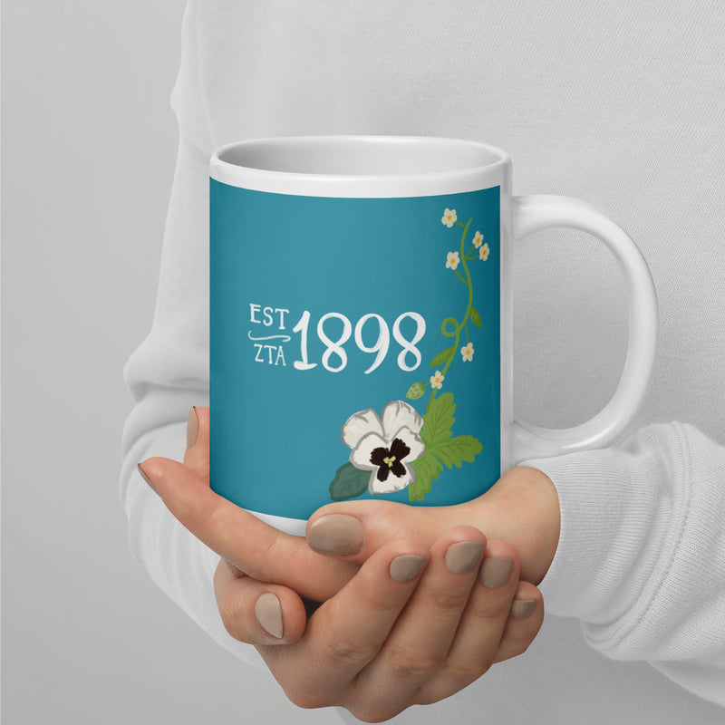 Zeta Tau Alpha 1898 Sorority Mug in Turquoise in 20 oz size with handle on left