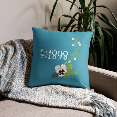 Zeta Tau Alpha 1898 Sorority Pillow in 22" x 22" size shown on couch