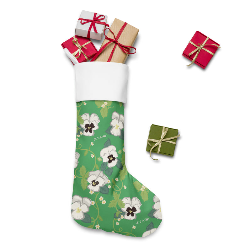 Zeta White Violet Floral Print Holiday Stocking with gifts