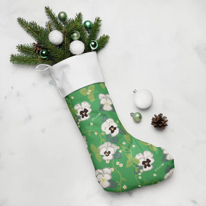 Zeta White Violet Floral Print Holiday Stocking with pine branch