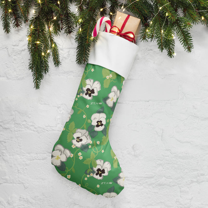 Zeta White Violet Floral Print Holiday Stocking with pine and lights