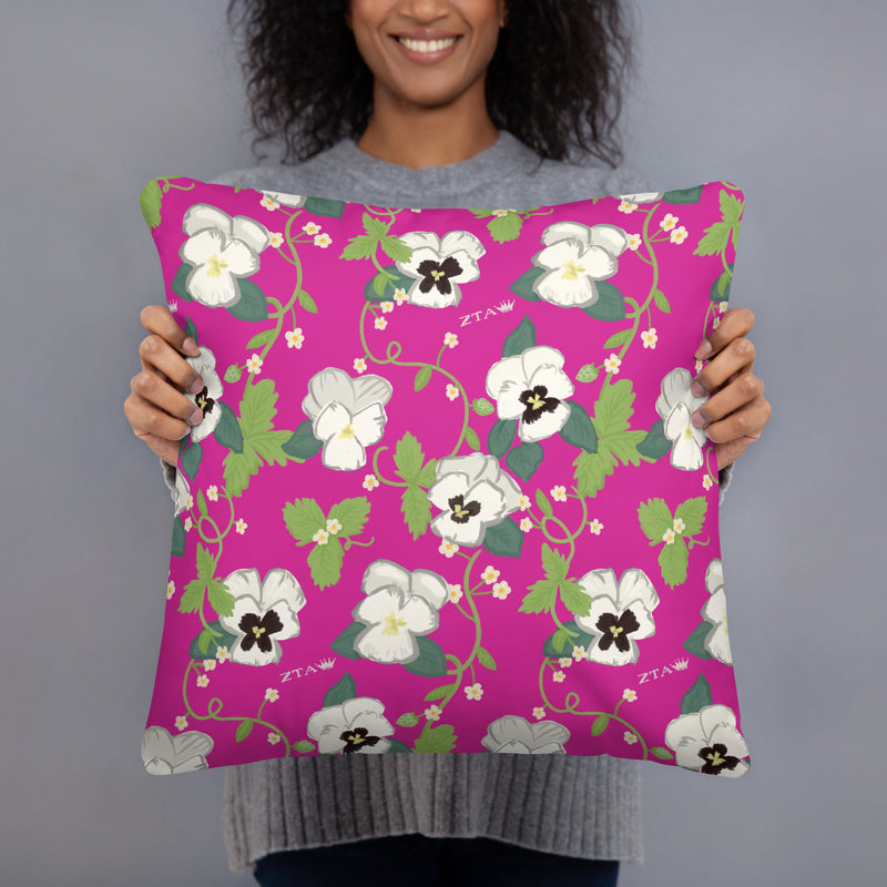 Zeta Tau Alpha Letters Pillow in 18" x 18" size showing floral print in bright pink in model&