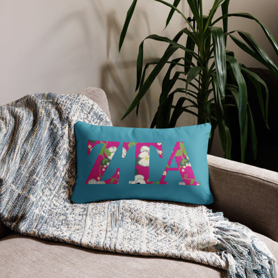 Zeta Tau Alpha Letters Pillow in 20" x 12" lumbar pillow size shown on couch