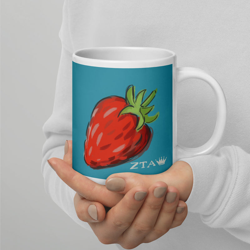 Zeta Tau Alpha Strawberry Mug in turquoise in 20 oz size with handle on right