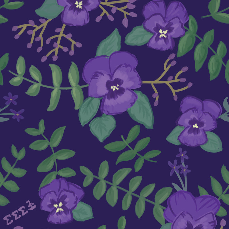 Tri Sigma Violet Floral Print in Purple showing hand-drawn design elements