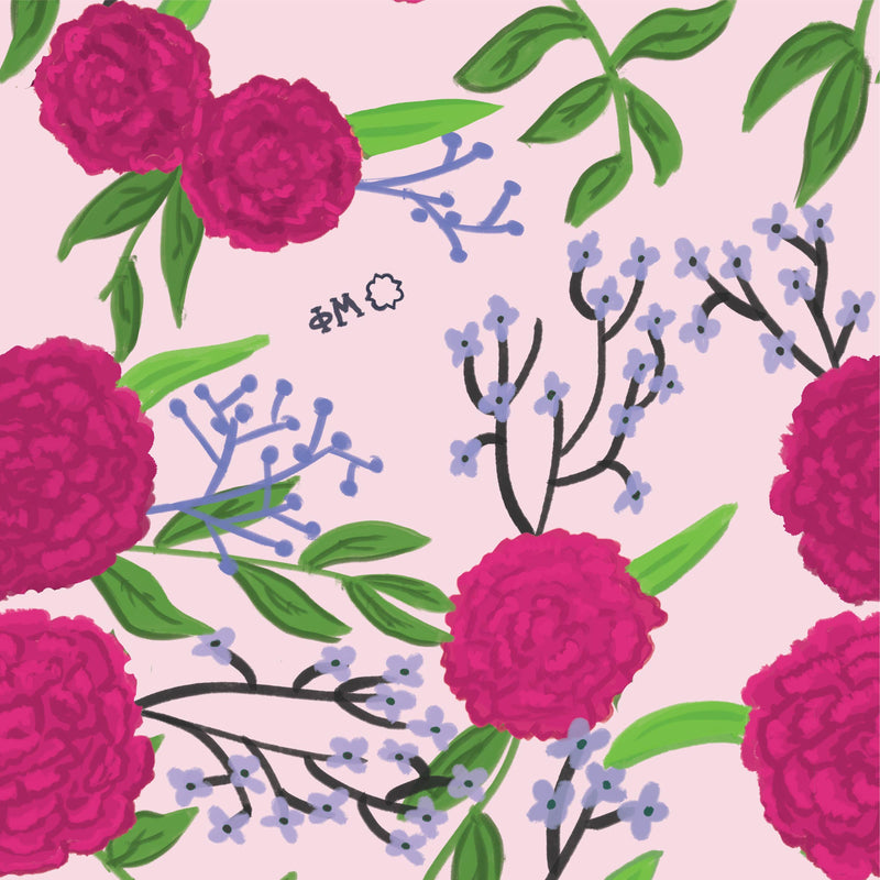 Phi Mu Carnation Floral Print in Pink showing hand-drawn Phi Mu details 