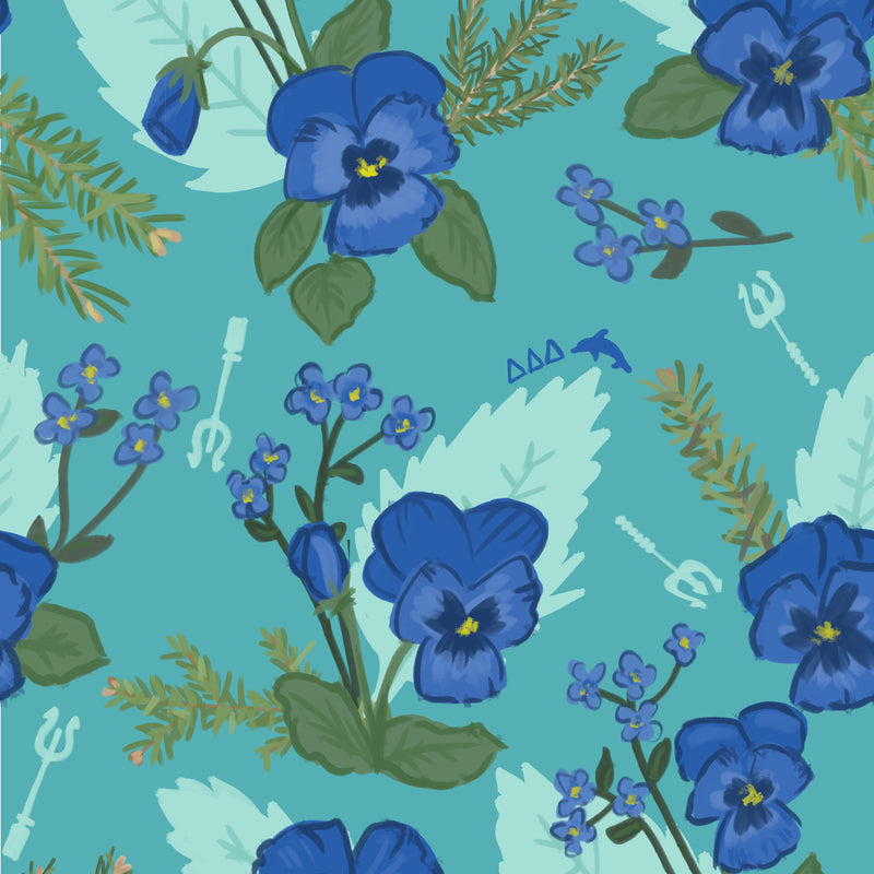 Tri Delta Pansy Floral Print in Blue showing hand-drawn Tri Delt design 