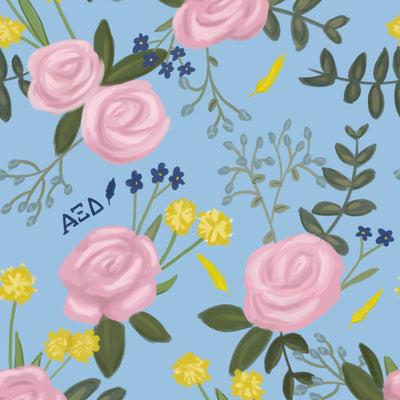 Alpha Xi Delta Pink Rose Floral Print close up view showing hand-drawn elements