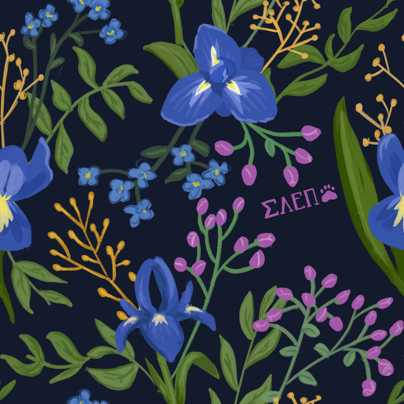 Sigma Alpha Epsilon Pi Floral Print in Navy Blue showing hand-drawn SAEII design elements