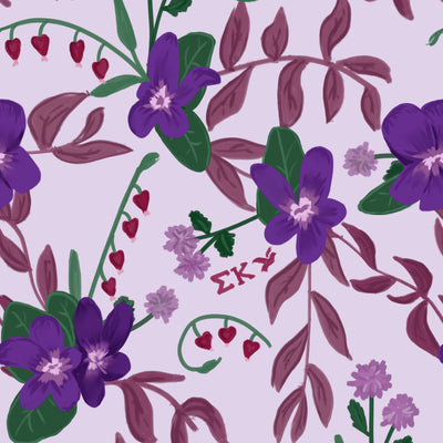 Sigma Kappa Violet Floral Print inLavender showing hand-drawn details