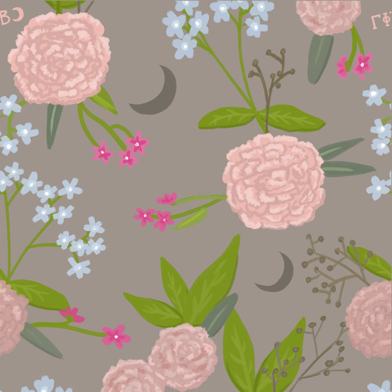 Gamma Phi Beta Floral Print in detail showing hand-drawn Gamma Phi elements