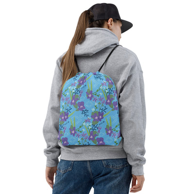 Alpha Delta Pi Woodland Violet Print Drawstring Bag in blue floral print. 