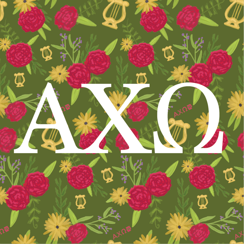 Alpha Chi Omega Sorority Sticker Sheet with Greek letters and Olive green floral print design