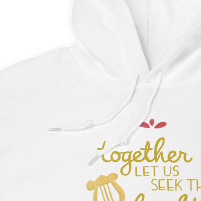 Alpha Chi Together Let Us Seek The Heights Hoodie in white showing product detail