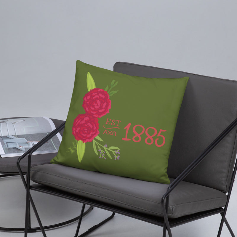 Alpha Chi Omega 1885 Founding Date Pillow shown on gray chair