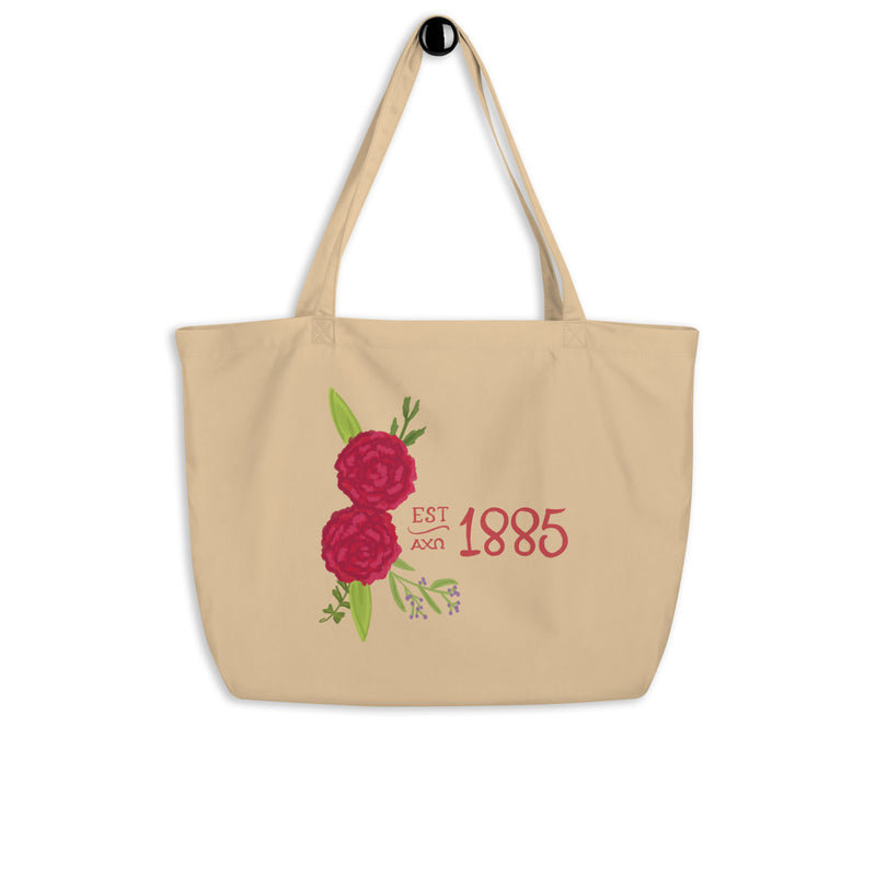 Alpha Chi Omega 1885 Large Organic Cotton Tote Bag shown on hook in oyster color