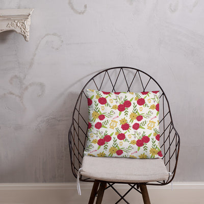 Alpha Chi Omega Red Carnation Floral Print Pillow, White shown on chair