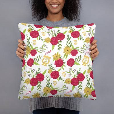 Alpha Chi Omega Red Carnation Floral Print Pillow, White shown with woman holding it up