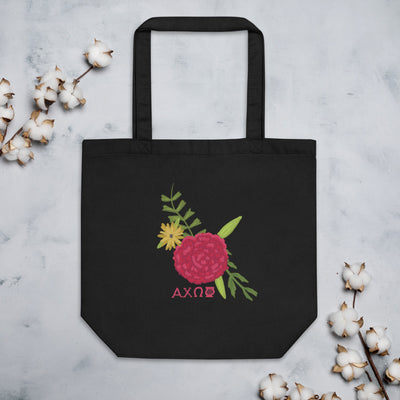 VAlpha Chi Omega Eco Tote Bag Red Carnation Design in black shown with cotton