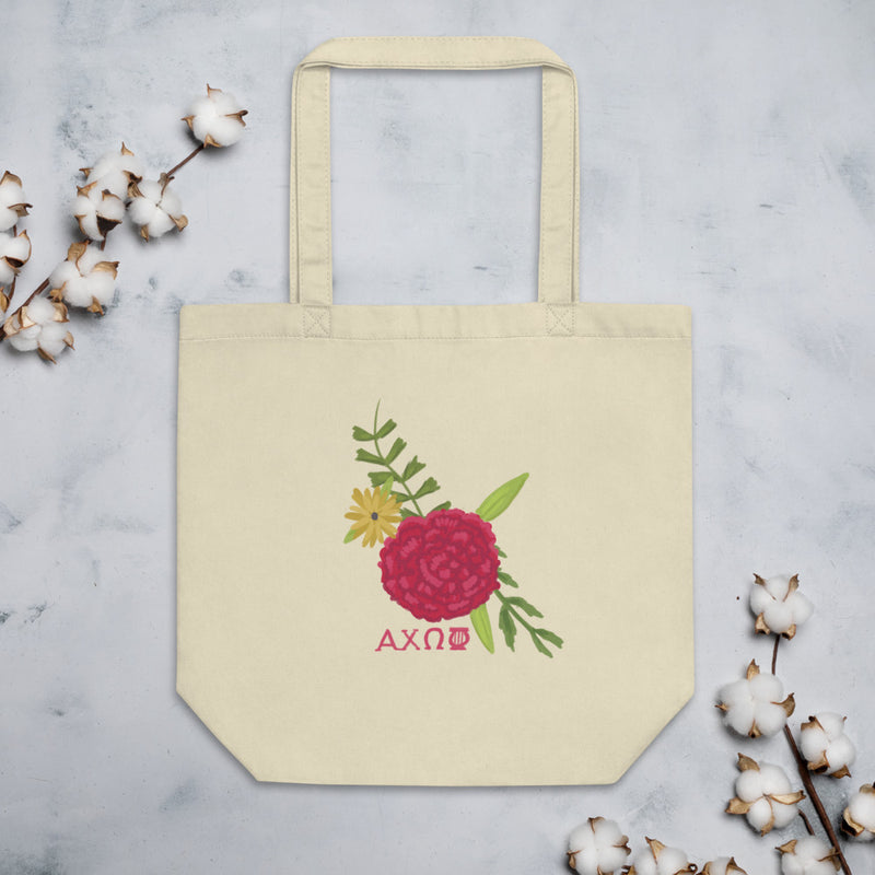 Alpha Chi Omega Eco Tote Bag Red Carnation Design shown with cotton in natural oyster color