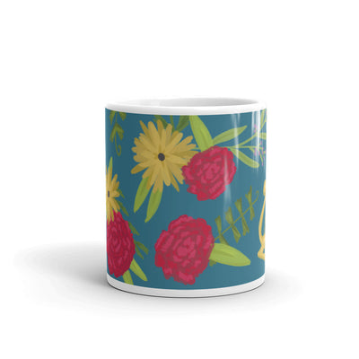 Alpha Chi Omega Floral Print Teal Glossy Mug showing design wrapping around 11 oz mug