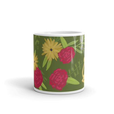 Alpha Chi Omega Floral Print Mug, Olive Green showing design wrapping around mug
