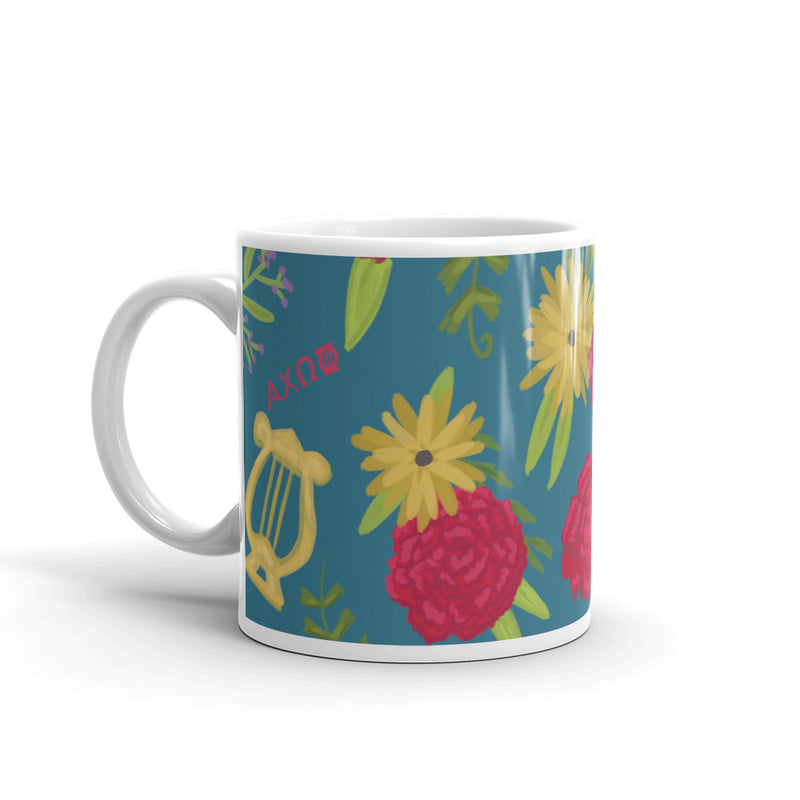 Alpha Chi Omega Floral Print Teal Glossy Mug in 11 oz size with handle on left