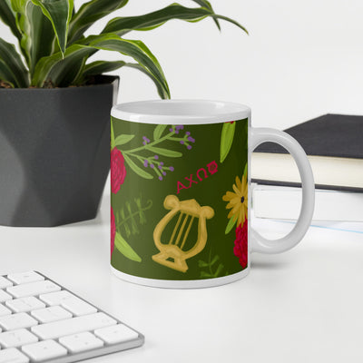 Alpha Chi Omega Floral Print Mug, Olive Green shown in office environment