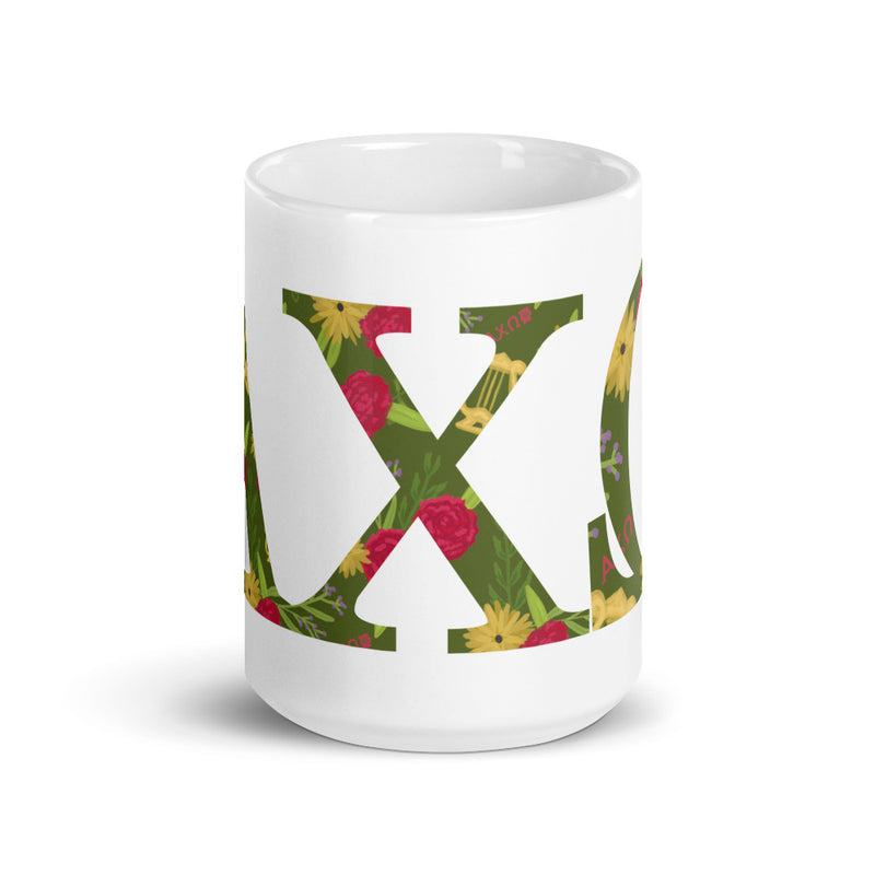 Alpha Chi Omega Greek Letters White Glossy Mug showing design wrapping around mug