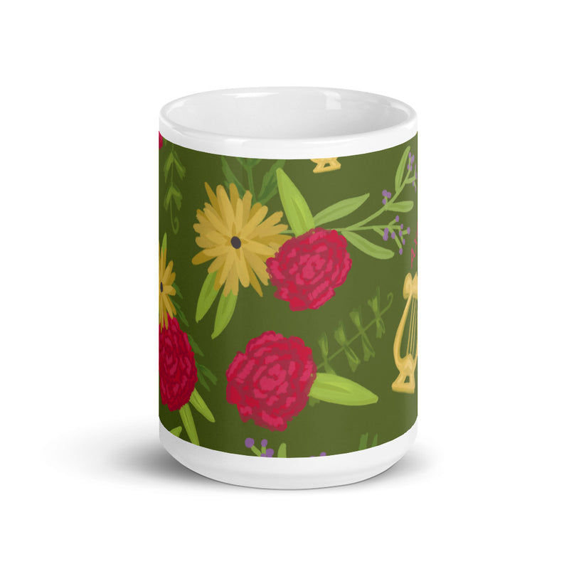 Alpha Chi Omega Floral Print Mug, Olive Green showing design wrapping around mug in 15 oz size