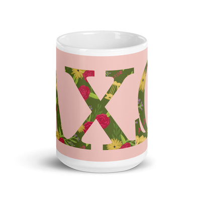 Alpha Chi Omega Greek Letters Pink Mug showing design wrapping around mug