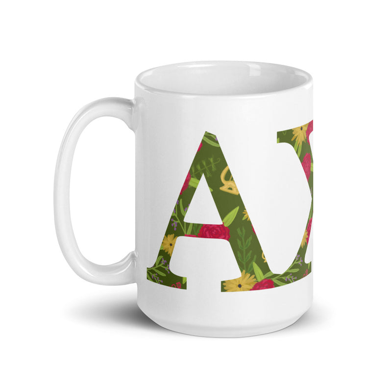 Alpha Chi Omega Greek Letters White Glossy Mug shown in 15 oz size with handle on left