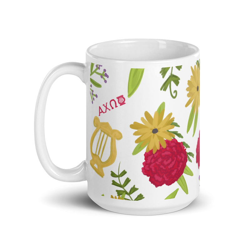 Alpha Chi Omega mug ceramic mug in signature carnation floral print in 15 oz size , handle on the left.