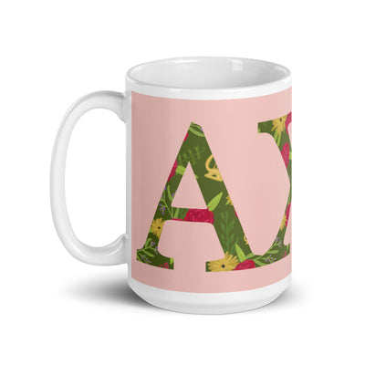 Alpha Chi Omega Greek Letters Pink Mug in 15 oz size with handle on left