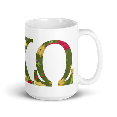 Alpha Chi Omega Greek Letters White Glossy Mug shown in 15 oz size showing handle on right