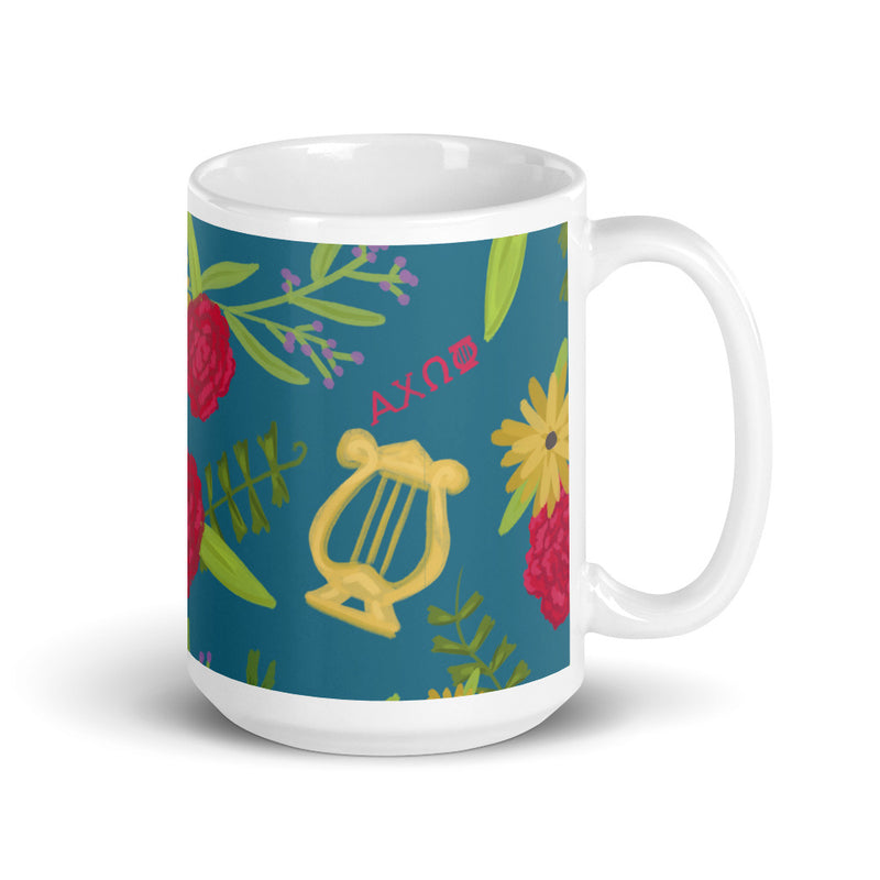 Alpha Chi Omega Floral Print Teal Glossy Mug in 15 oz size with handle on right
