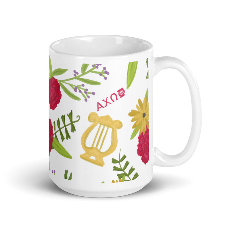 Alpha Chi Omega mug ceramic mug in signature carnation floral print in 15 oz size handle on the right